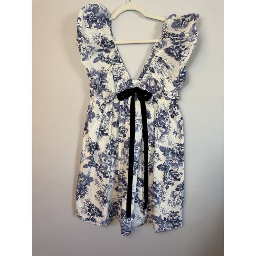O.P.T. Floral Mini Dress Blue White Puff Sleeves Sz S
